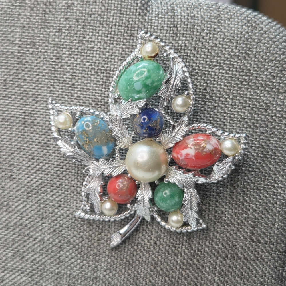 vtg sarah coventry 70s leaf marble cabochones faux pearl silver tone costume
